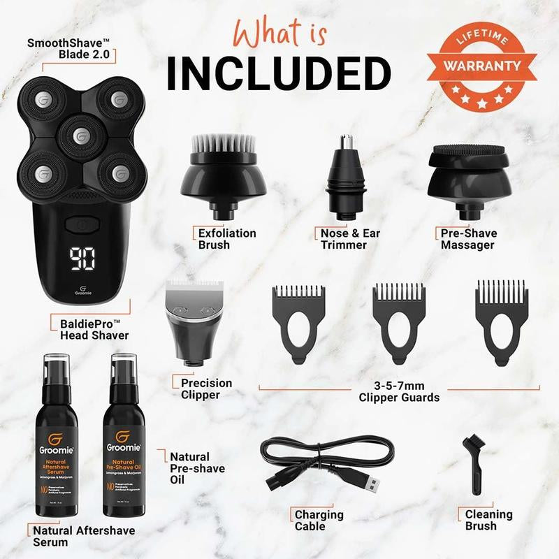 Ultimate Grooming Experience: GROOMIE No Hair, Don't Care Bundle with 5D BaldiePro Electric Head Shaver, Natural Pre-Shave Oil, Aftershave Serum & Essential Accessories for a Flawless Shave