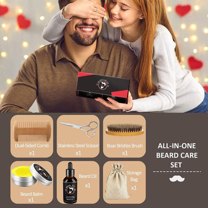 Ultimate Beard Growth & Grooming Kit for Him - Perfect Valentine's Day Gift with Beard Oil, Balm, Brush, Comb, and Scissors for Stylish Men