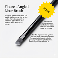 A promotional graphic featuring the black Flourea Angled Liner Brush alongside drafting text that describes its use for eye and brow products, lists its benefits including hypoallergenic synthetic hair, and displays a price of $15.99.