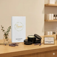 Boutique store setup with a wooden tray holding general testers for Flourea Signature Scentiments.