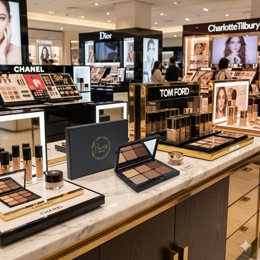 An open Flouréa Beauty Shop 6-pan eyeshadow palette and its dark grey branded box are positioned centrally on a marble counter in a brightly lit luxury department store. The product is surrounded by large, illuminated retail displays for major competitor brands including Chanel, Tom Ford, Dior, and Charlotte Tilbury.