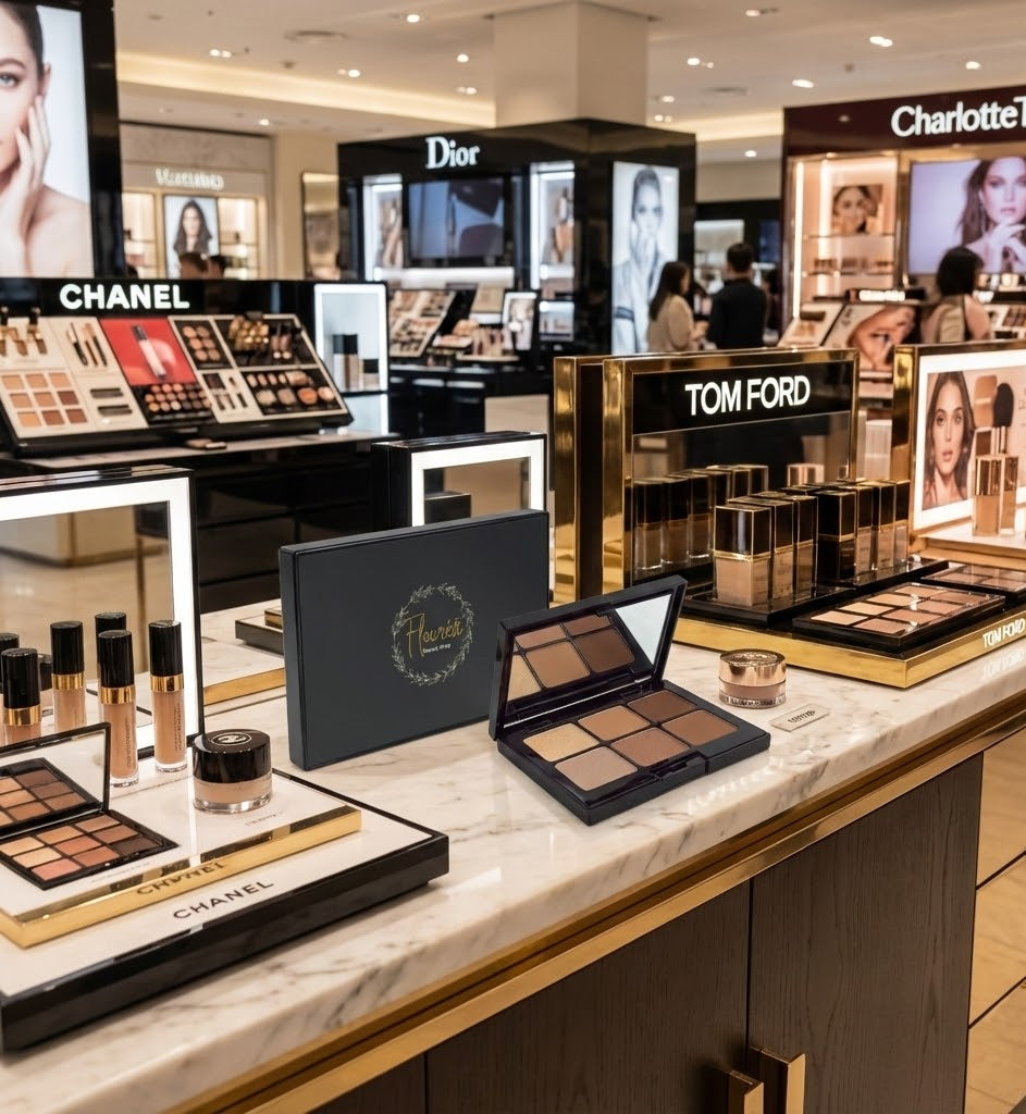An open Flouréa Beauty Shop 6-pan eyeshadow palette and its dark grey branded box are positioned centrally on a marble counter in a brightly lit luxury department store. The product is surrounded by large, illuminated retail displays for major competitor brands including Chanel, Tom Ford, Dior, and Charlotte Tilbury.
