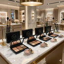 A luxury retail counter display featuring five open Flouréa Beauty Shop 6-pan eyeshadow palettes arranged with their corresponding closed black boxes. In front of each palette is a small, open tester jar showing textured product swatches. Gold and glass holders containing makeup brushes sit to the left on the white marble countertop.