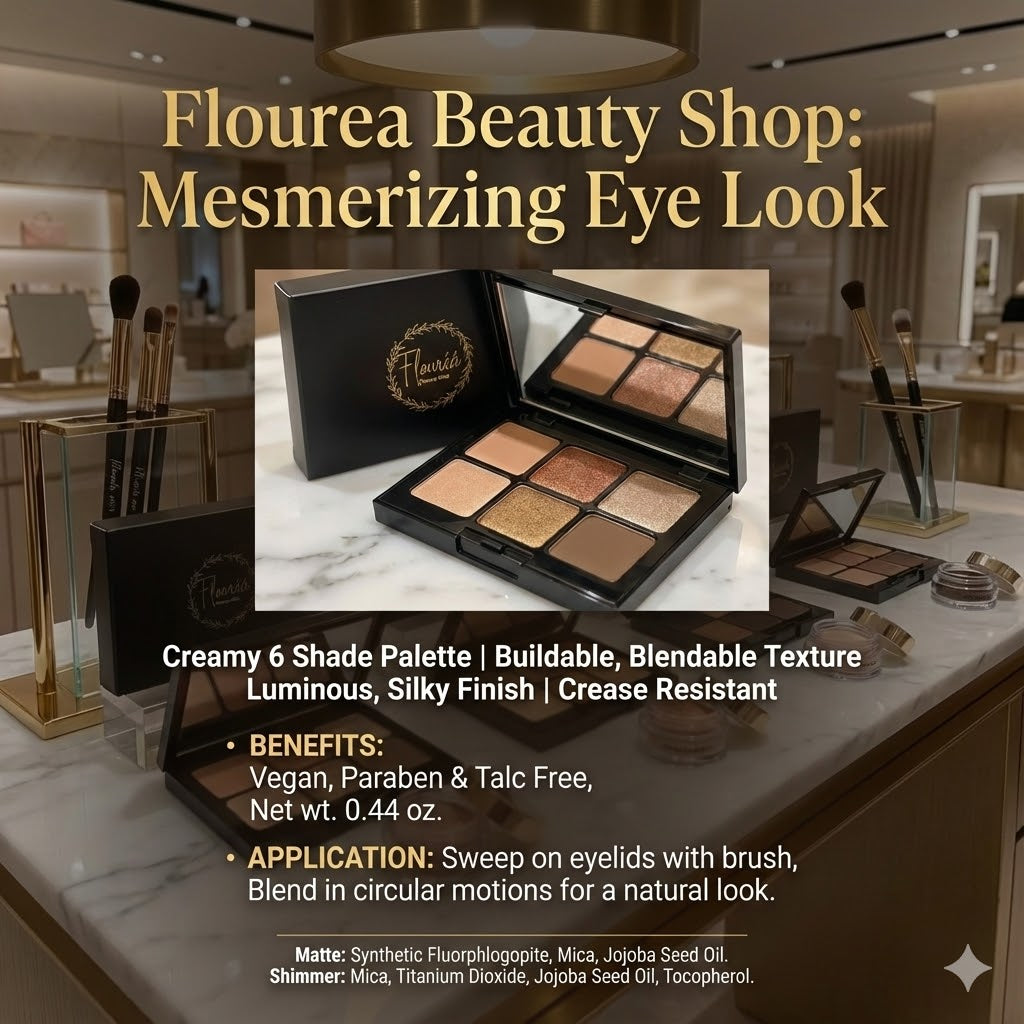 An in-store advertising poster for the Flouréa Beauty Shop 6-pan eyeshadow palette. The poster features a large golden headline that reads "Mesmerizing Eye Look," followed by a product photograph and detailed text listing features, benefits such as "Vegan, Paraben & Talc Free," application tips, and ingredients.