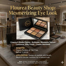 An in-store advertising poster for the Flouréa Beauty Shop 6-pan eyeshadow palette. The poster features a large golden headline that reads "Mesmerizing Eye Look," followed by a product photograph and detailed text listing features, benefits such as "Vegan, Paraben & Talc Free," application tips, and ingredients.