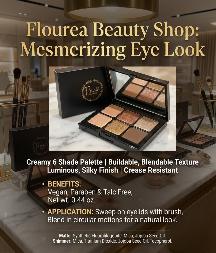An in-store advertising poster for the Flouréa Beauty Shop 6-pan eyeshadow palette. The poster features a large golden headline that reads "Mesmerizing Eye Look," followed by a product photograph and detailed text listing features, benefits such as "Vegan, Paraben & Talc Free," application tips, and ingredients.