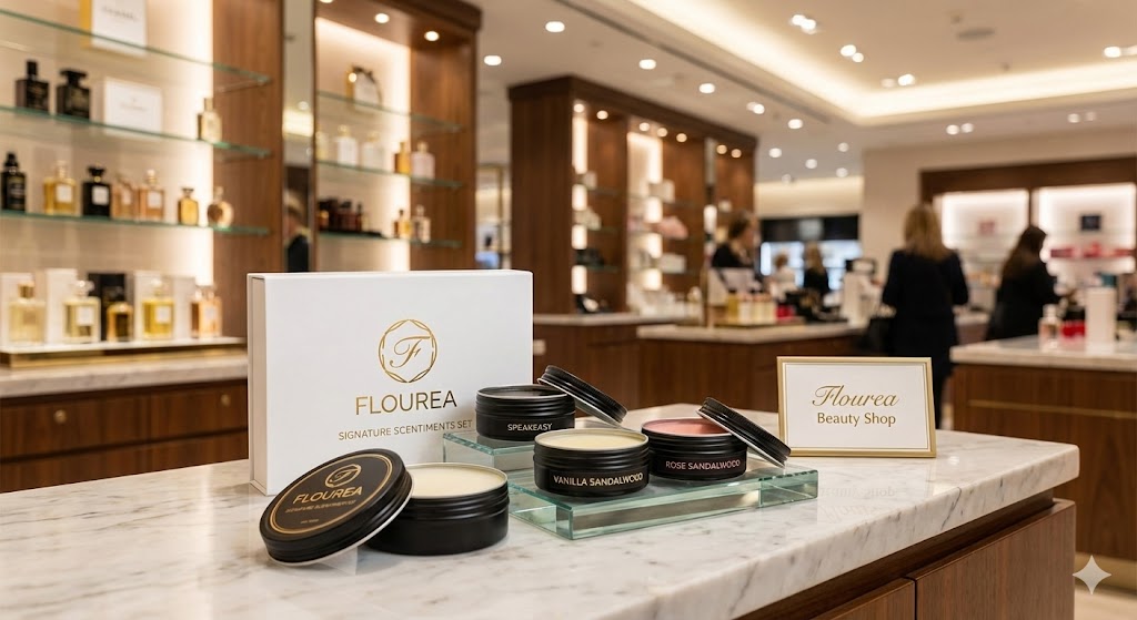 Wide shot of a luxury department store beauty hall featuring an elegant display of the Flourea Signature Scentiments set on a marble counter.