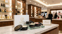 Wide shot of a luxury department store beauty hall featuring an elegant display of the Flourea Signature Scentiments set on a marble counter.