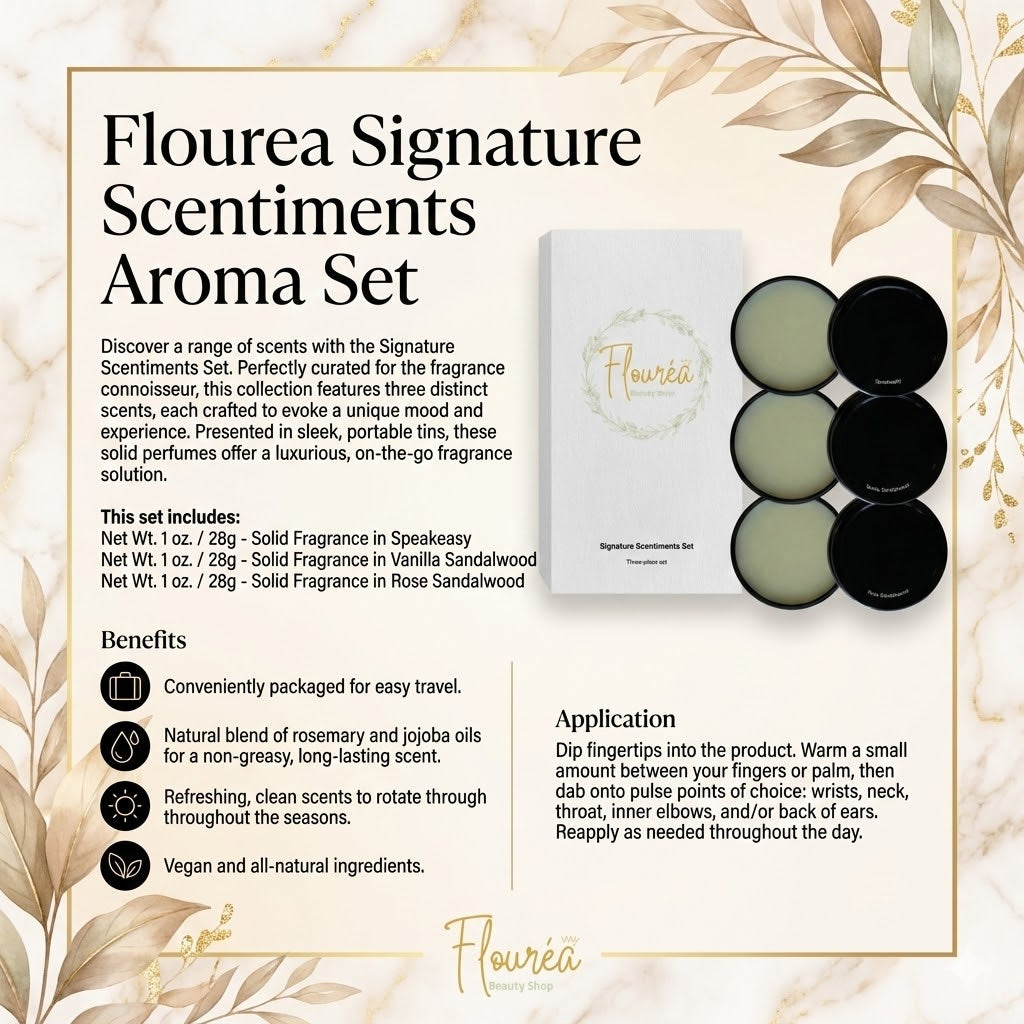 Marketing sheet for Flourea scents, listing Speakeasy, Vanilla Sandalwood, and Rose Sandalwood with instructions on how to apply to pulse points.