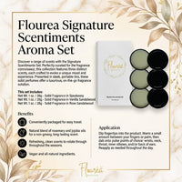 Marketing sheet for Flourea scents, listing Speakeasy, Vanilla Sandalwood, and Rose Sandalwood with instructions on how to apply to pulse points.