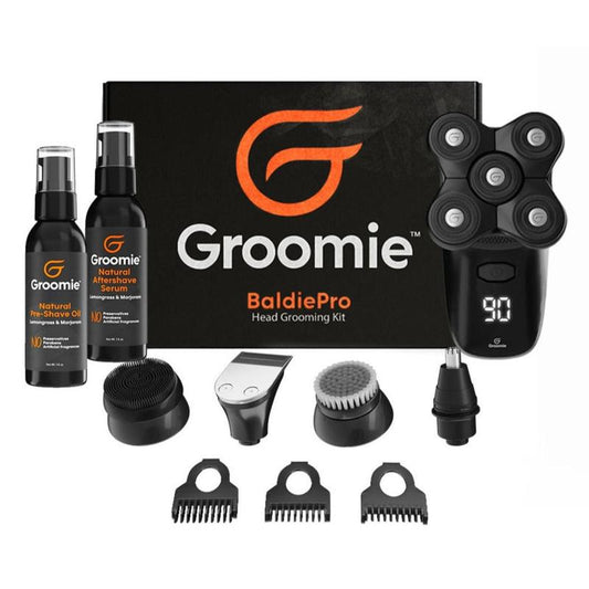 Ultimate Grooming Experience: GROOMIE No Hair, Don't Care Bundle with 5D BaldiePro Electric Head Shaver, Natural Pre-Shave Oil, Aftershave Serum & Essential Accessories for a Flawless Shave