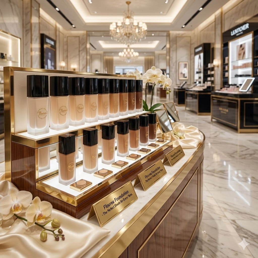 Luxurious Flourea Foundation makeup counter display in a high-end department store, featuring a gradient of shade options on tiered, illuminated wood and brass shelves accented with white orchids and silk fabric.