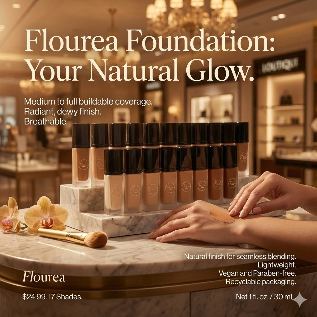 Flourea Foundation 'Natural Glow' advertisement featuring a model's hand applying a swatch to their wrist. Text overlays highlight key benefits: medium to full buildable coverage, radiant dewy finish, breathable, vegan, and paraben-free.