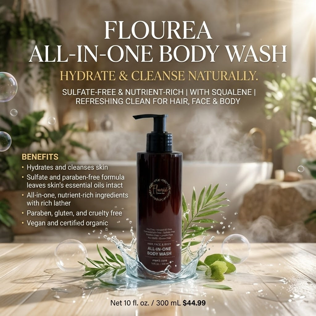 Infographic highlighting Flourea body wash benefits: sulfate-free, hydrating formula with squalene for hair, face, and body