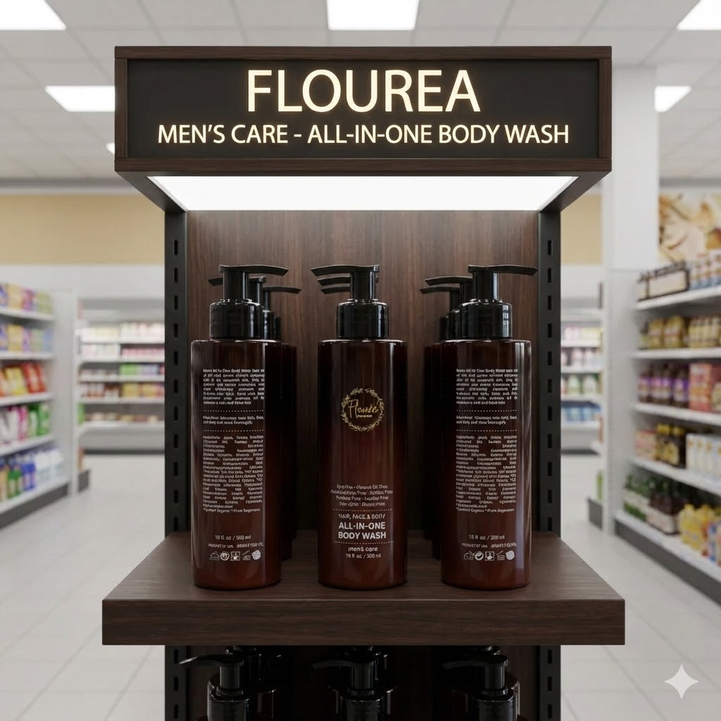 A retail store shelf display stocked with multiple bottles of Flourea Men's Care All-in-One Body Wash 