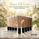 Flourea BB Cream collection display showing full shade range for moisturizing medium coverage and skin protection.