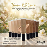 Flourea BB Cream collection display showing full shade range for moisturizing medium coverage and skin protection.