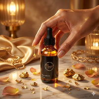 Hand holding a bottle of Flourea's Rose Gold Oil with gold flakes and rose petals on a marble surface.