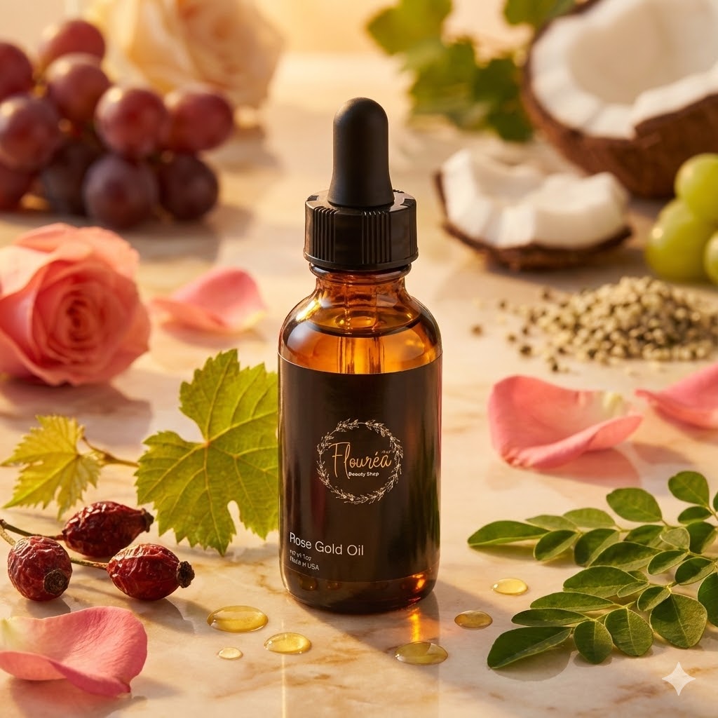 Bottle of Flourea Rose Gold Oil with natural ingredients like grapes, roses, and leaves on a light background