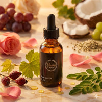 Bottle of Flourea Rose Gold Oil with natural ingredients like grapes, roses, and leaves on a light background