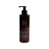 Front view of the 10 oz Flourea Men's Care All-in-One Hair, Face, & Body Wash bottle with a black pump dispenser.