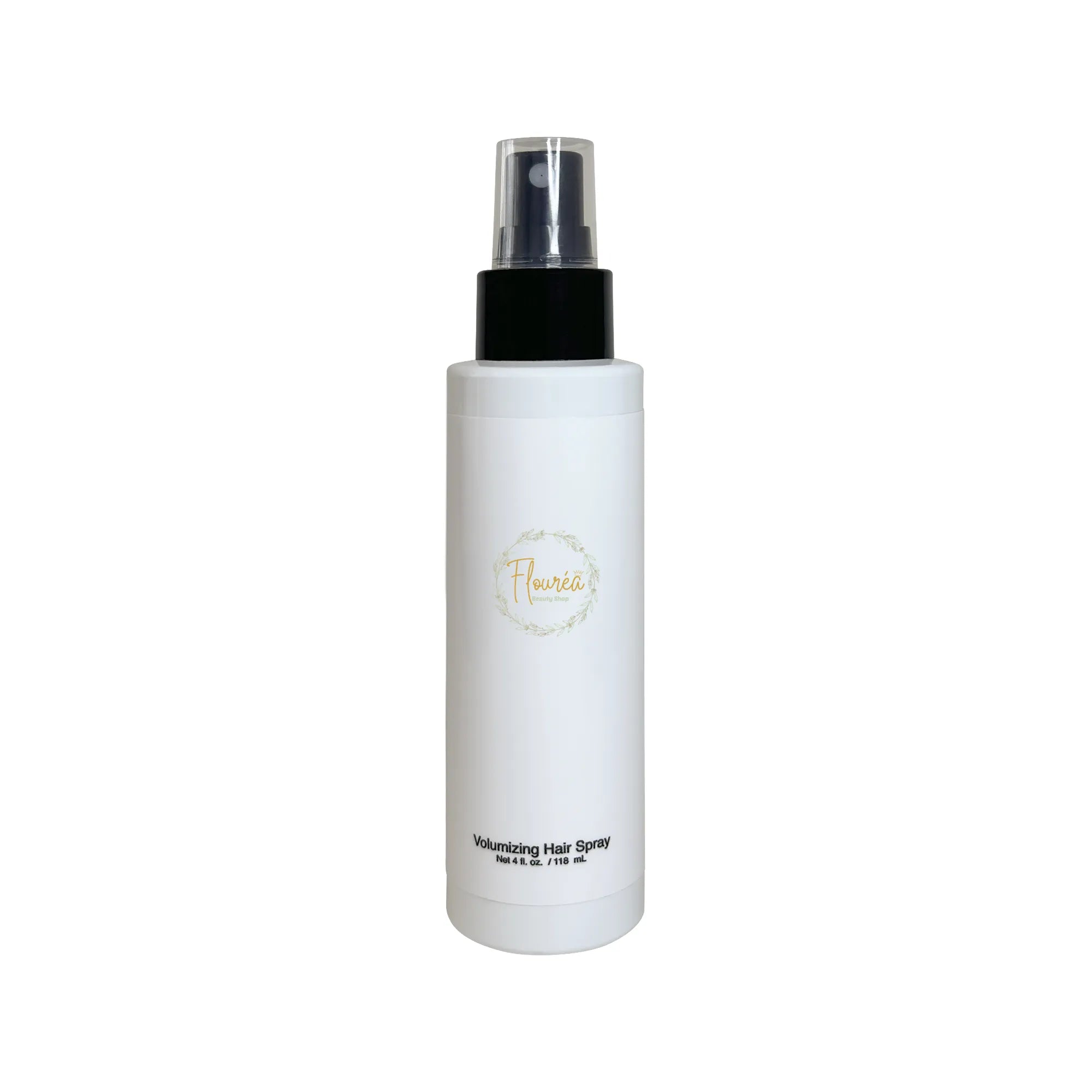 Flourea Volumizing Hair Spray 4 fl oz white bottle with black pump dispenser and clear cap against a plain white background, showing gold logo and labeling.