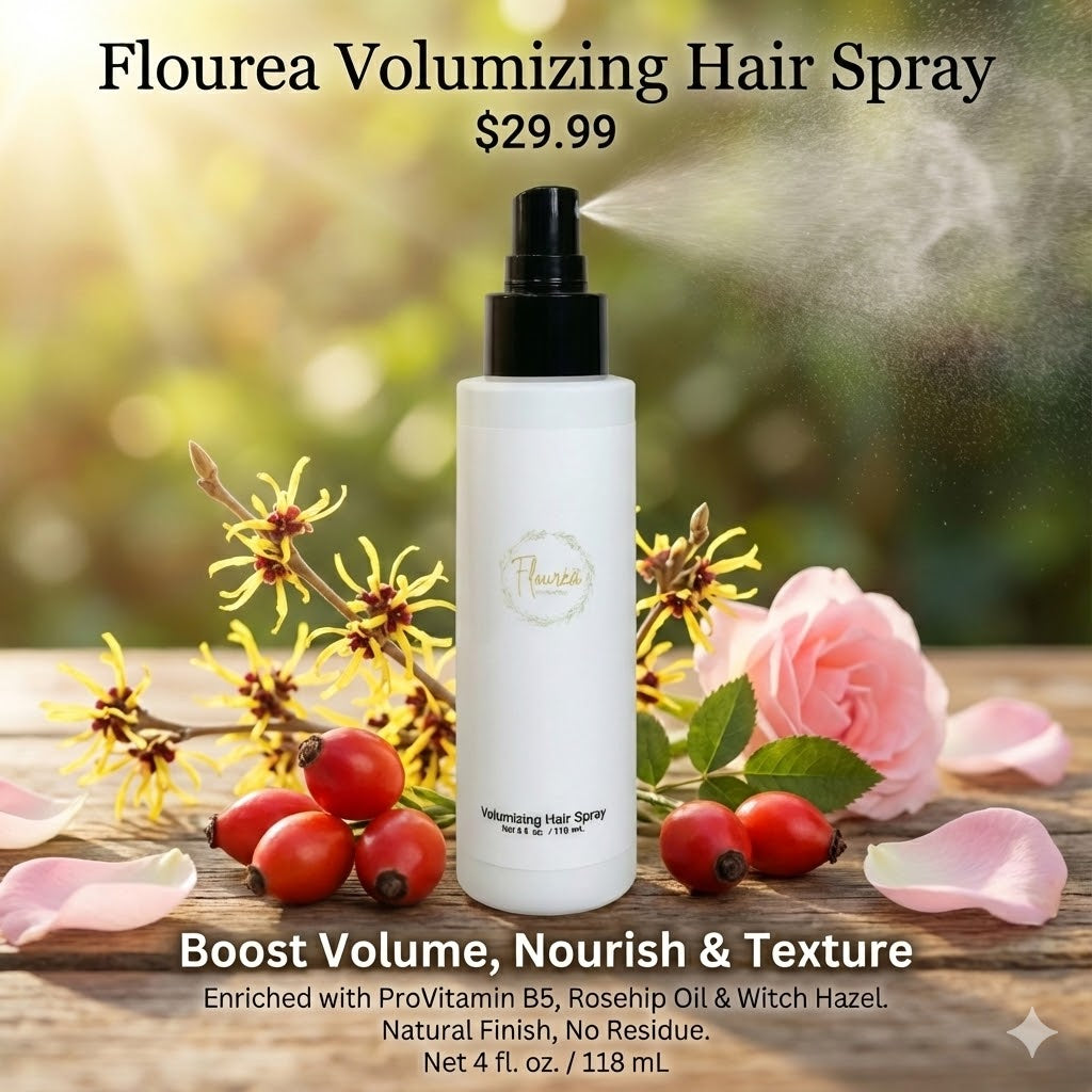 Flourea Volumizing Hair Spray bottle displayed on rustic wood surrounded by natural ingredients including fresh rosehips, witch hazel branches, and pink rose petals. Text overlays highlight benefits: "Boost Volume, Nourish & Texture" and listing ProVitamin B5, Rosehip Oil, and Witch Hazel.